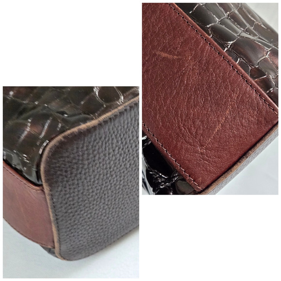 Brighton Shoulder Bag Dark Brown Patent Leather Croc Embossed Classic Purse 12" - Picture 12 of 16